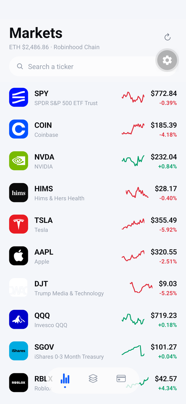 The markets list in the Stocklo app